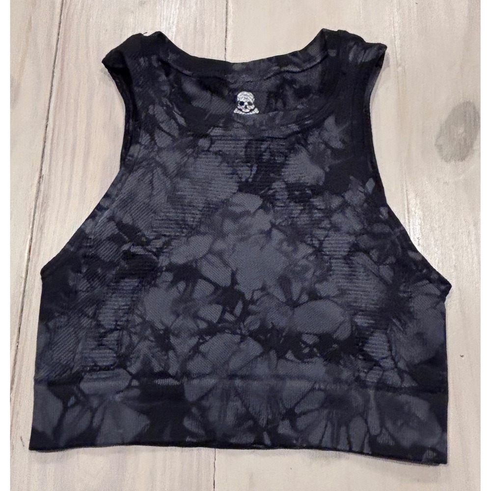 SoulCycle by NUX Womens Tie Dye‎ Seamless Crop Tank Top Black Gray Skull Logo S